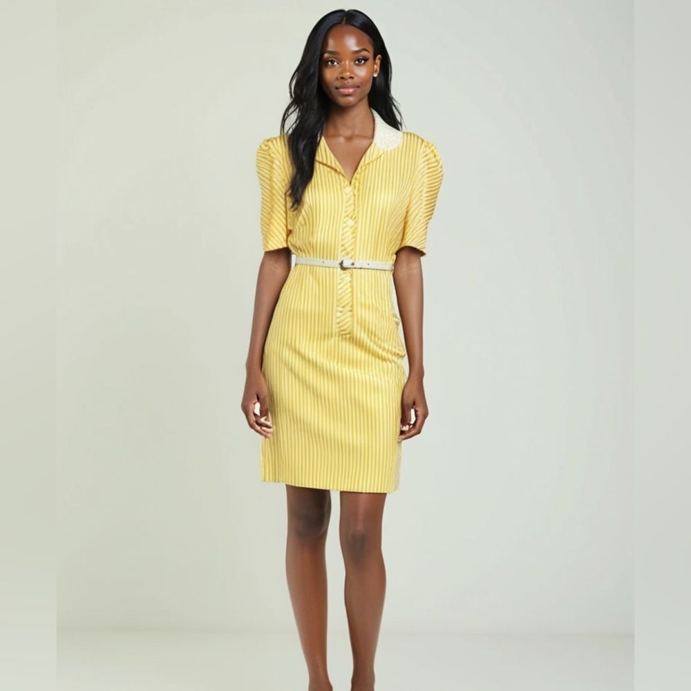 Vintage 60’s Yellow Striped Polka Dot Collar House Dress — 15 1/2